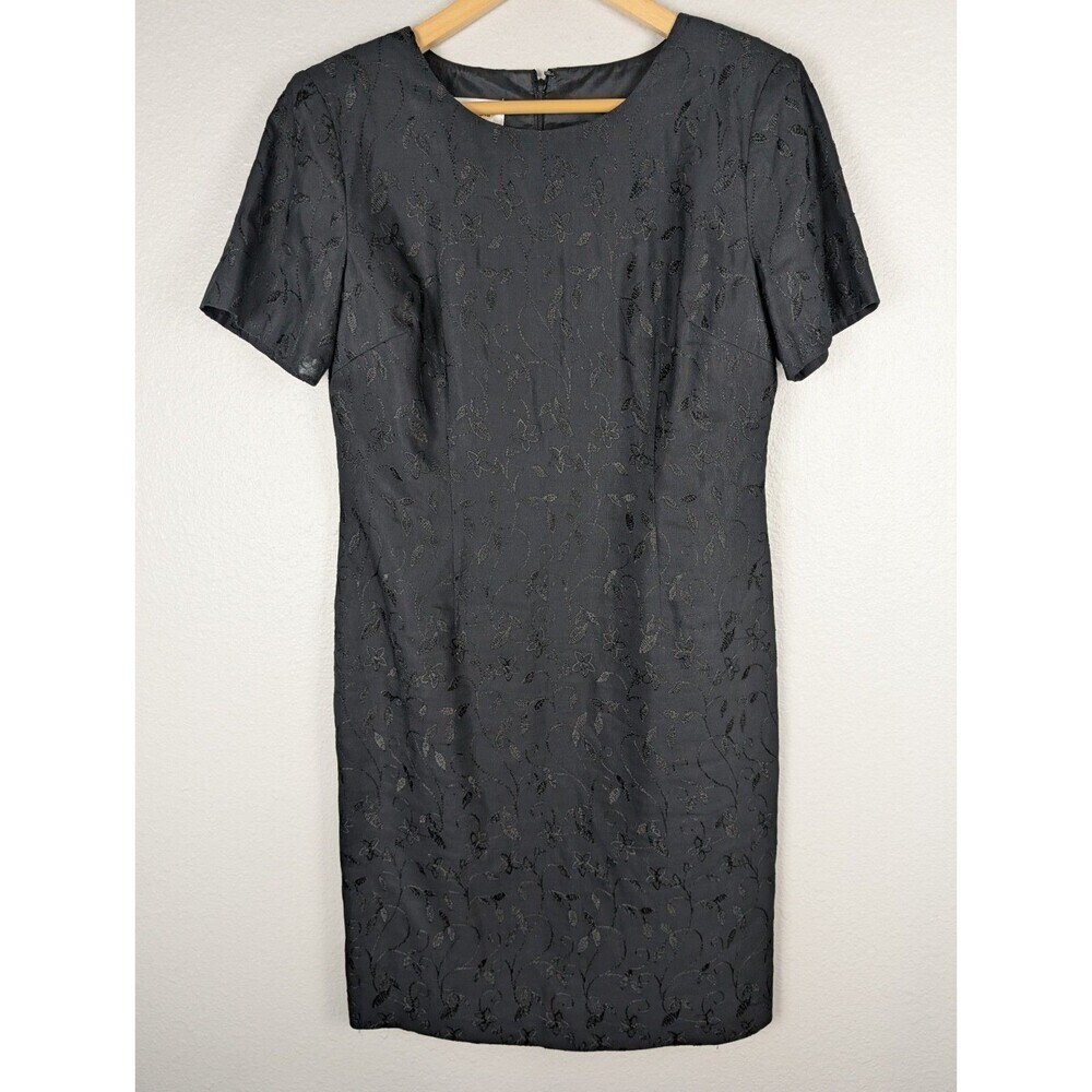 Talbots Black Sheath Dress Sz 8 Embroidered Floral Linen Blend Classic Party 152